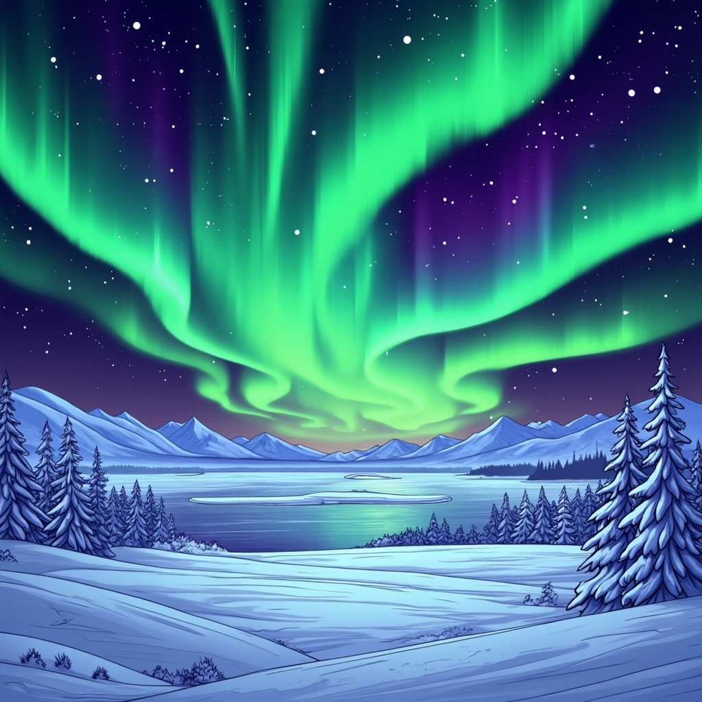 A breathtaking aurora borealis painting the night sky over a still, snowy landscape. The dancing lights – green, purple, and blue – reflect on the pristine snow below, illuminating a scene of untouched natural beauty.