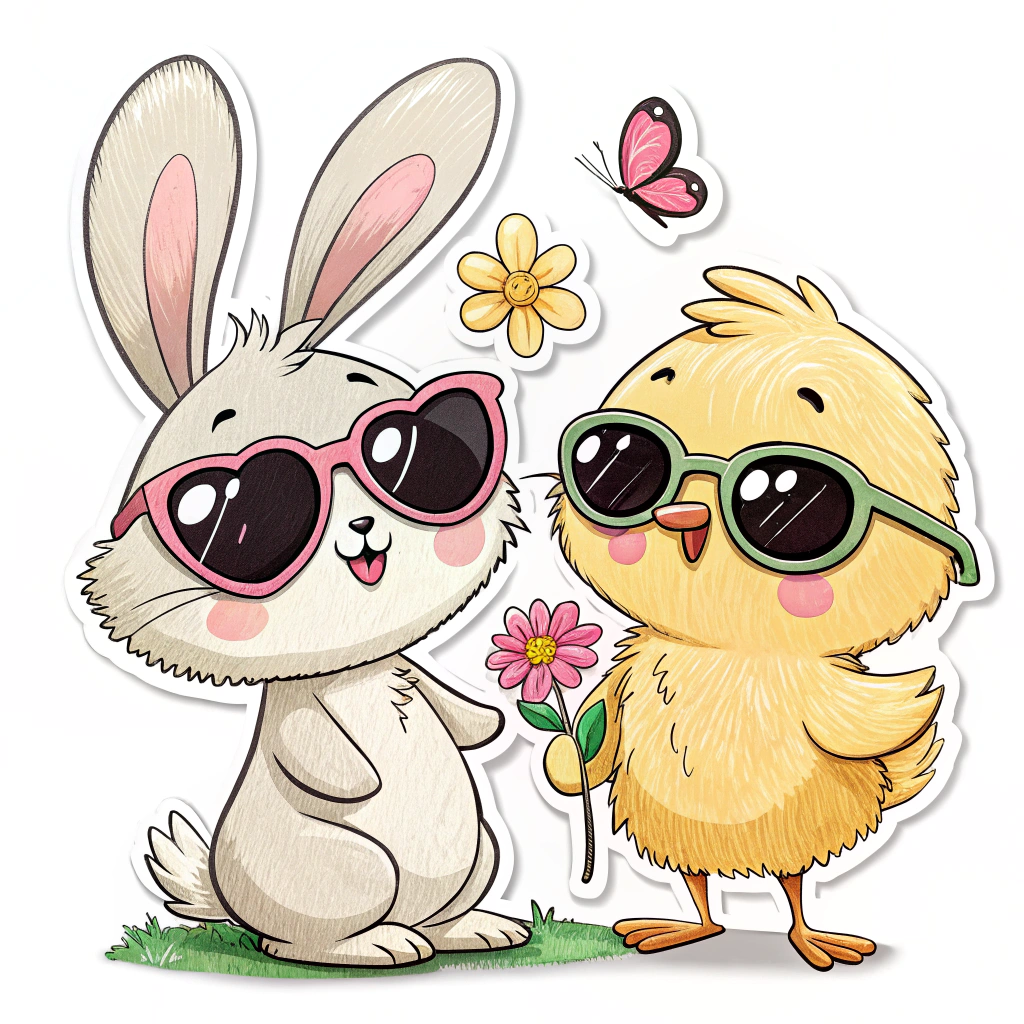 A sticker with a bunny and a chick wearing sunglasses.