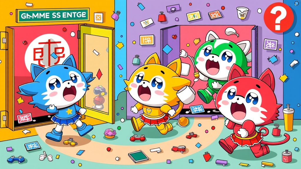 Interdimensional Anime Portal Hop: Illustrate the mascots and original characters excitedly discovering and interacting with mysterious portals that open up to various anime genres and worlds, highlighting the diverse range of anime celebrated at the convention, with 'mayhem' stemming from their surprised and playful reactions.