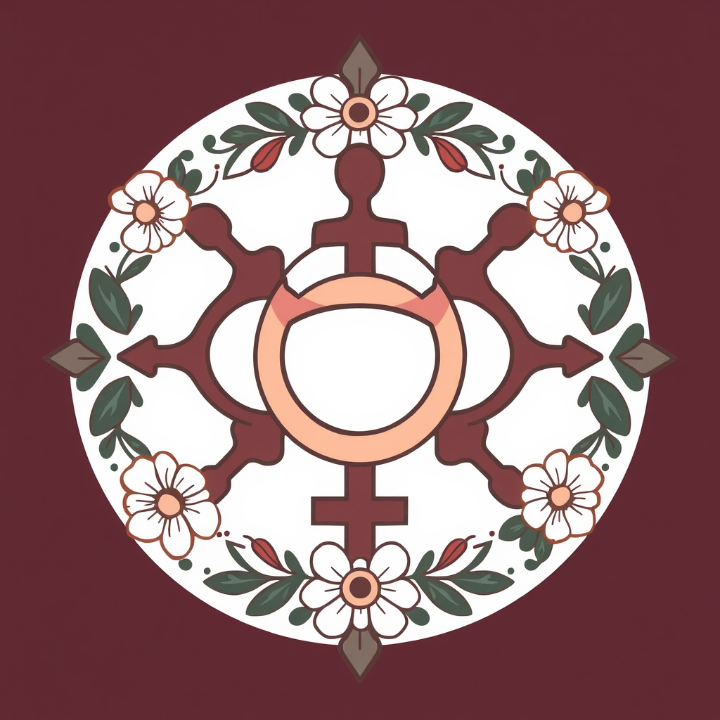 Abstract representation of intertwined female symbols forming a circle, surrounded by floral accents, signifying unity and strength.