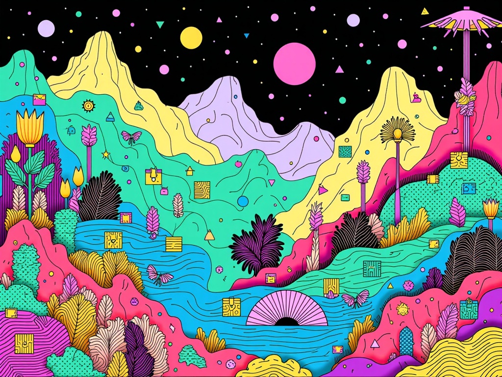 Biomorphic Algorithms: Surreal terrains where organic life and computational elements fuse; think flora with circuit patterns, geological formations resembling neural nets, or fauna composed of glitches.