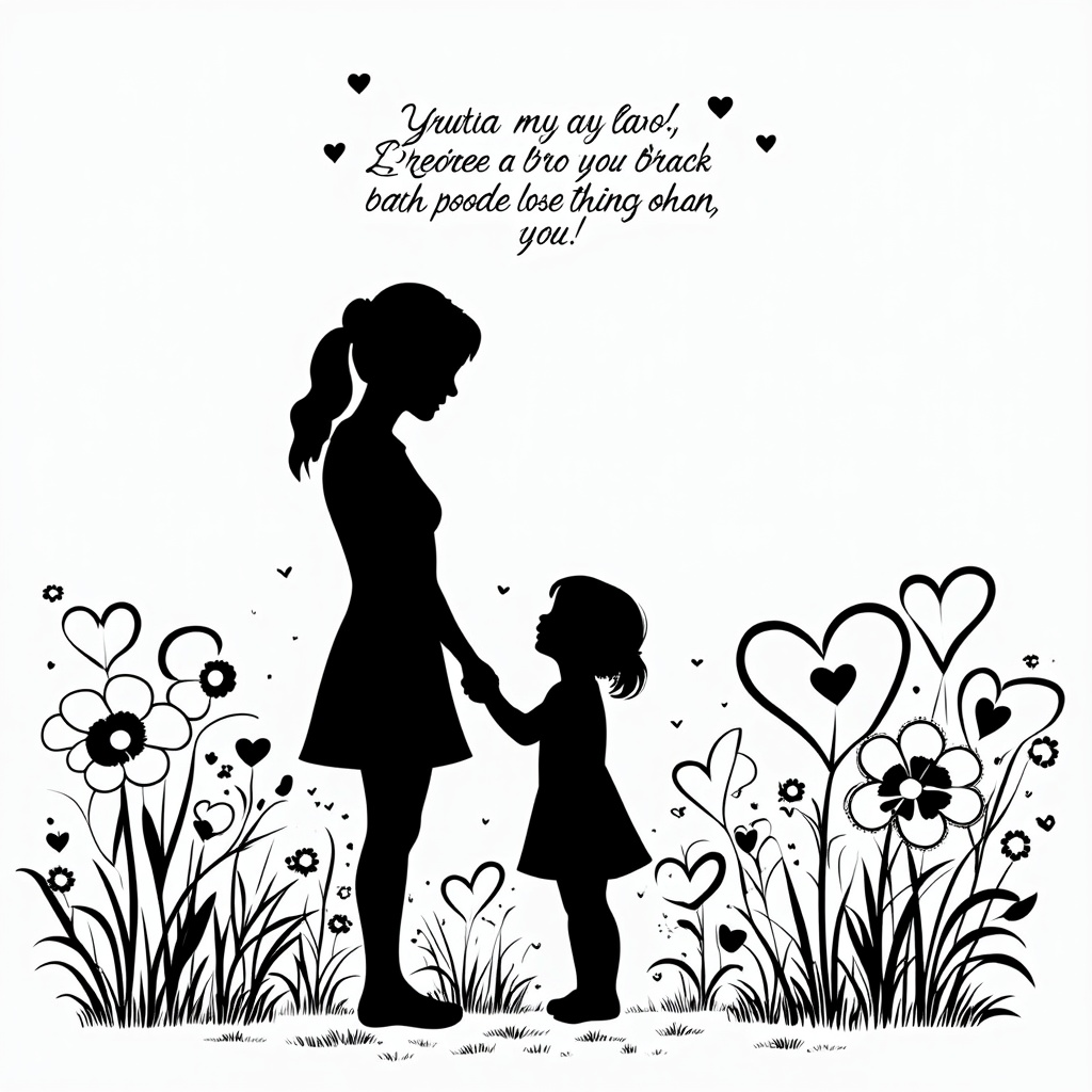 Design featuring a mother and child silhouette (e.g., holding hands, an embrace) surrounded by a garden where flowers are blooming into heart shapes. The background can have soft, flowing lines and gentle patterns. A short, touching quote is placed at the bottom or top.