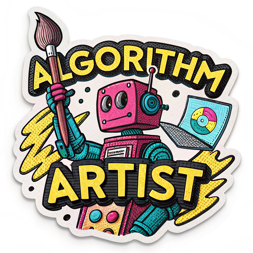 A bold pop-art style sticker featuring the robot and paintbrush in bright, contrasting colors (e.g., hot pink, electric blue, sunshine yellow) with thick black outlines. The phrase 'Algorithm Artist' is integrated dynamically into the design in a comic-book style font.