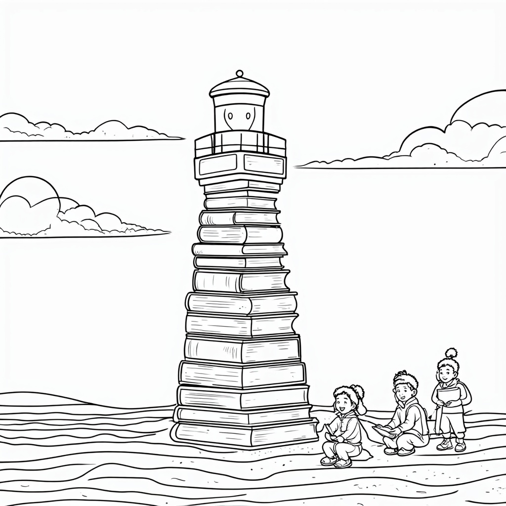 Lighthouse of Knowledge: A lighthouse, with its main structure built from stacked books, topped not with a traditional lamp but with a giant, glowing lantern or light bulb. Its beam of light illuminates students happily engaging with learning on a shore labeled 'Bright Future'.