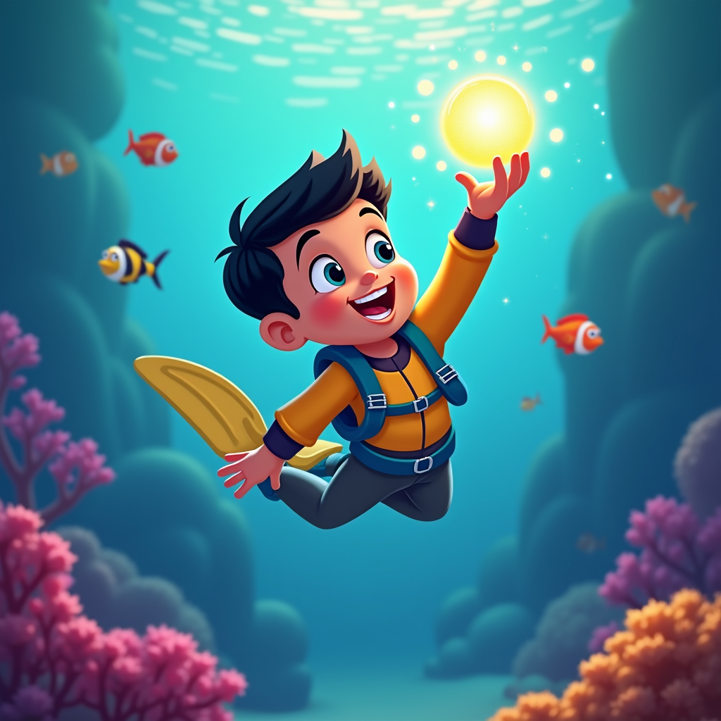 A young Qatari boy, wearing traditional diving gear, discovers a magical pearl that grants him the ability to breathe underwater, leading to underwater adventures.