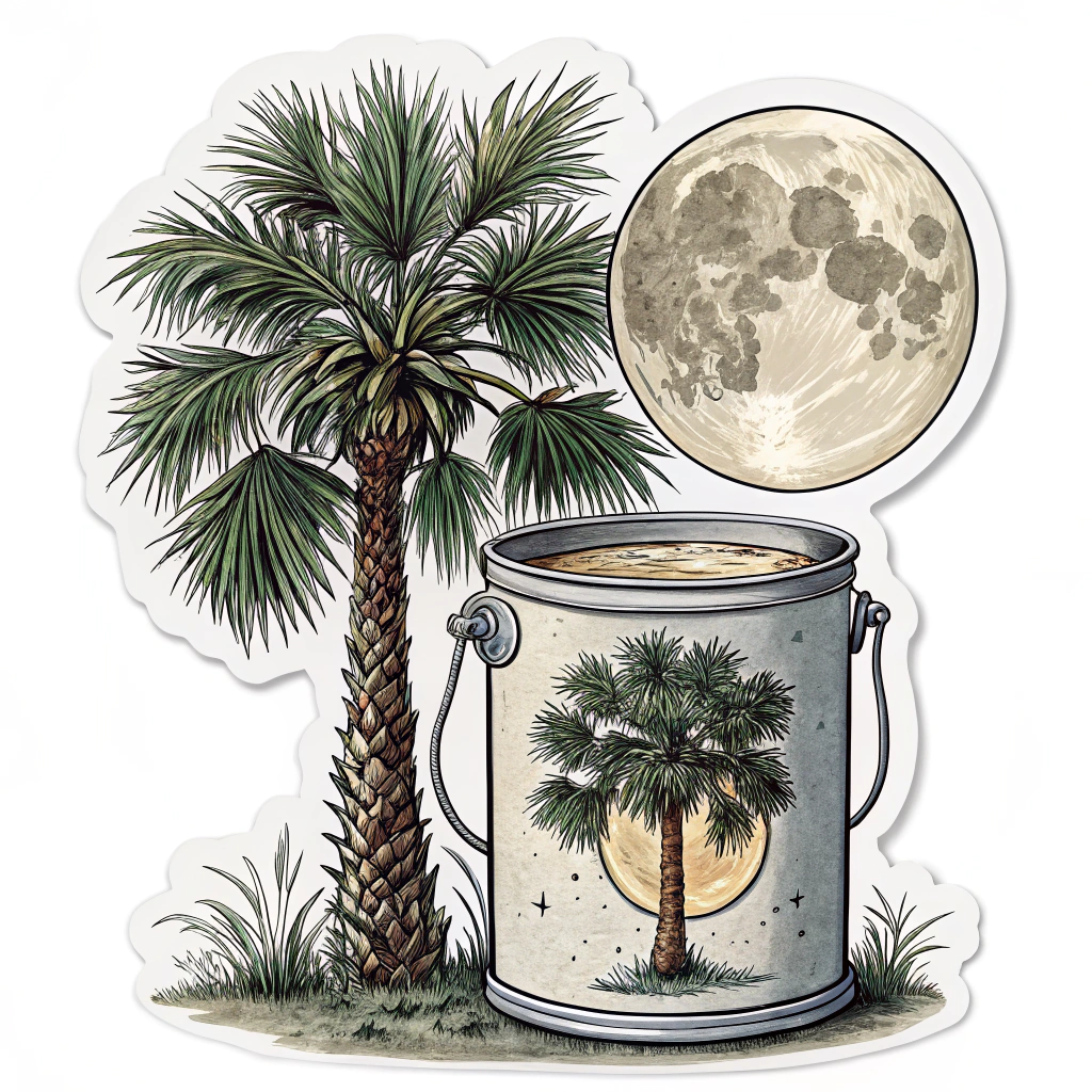 Palmetto tree with moon inside a paint can.