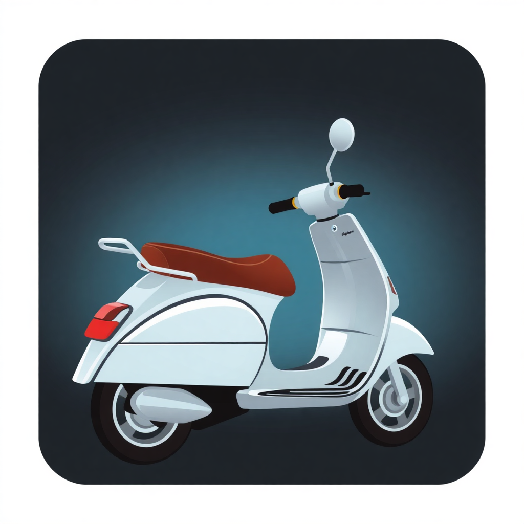 The image is a digital illustration of a white scooter with a brown seat. The scooter has a sleek and modern design with a round headlight and a handlebar. The body of the scooter is white with a black stripe running along the side. The seat is brown and appears to be made of leather. The handlebars are curved and there is a small mirror on the top of the handlebar for adjusting the speed. The wheels are black with silver rims. The background is a solid black color.