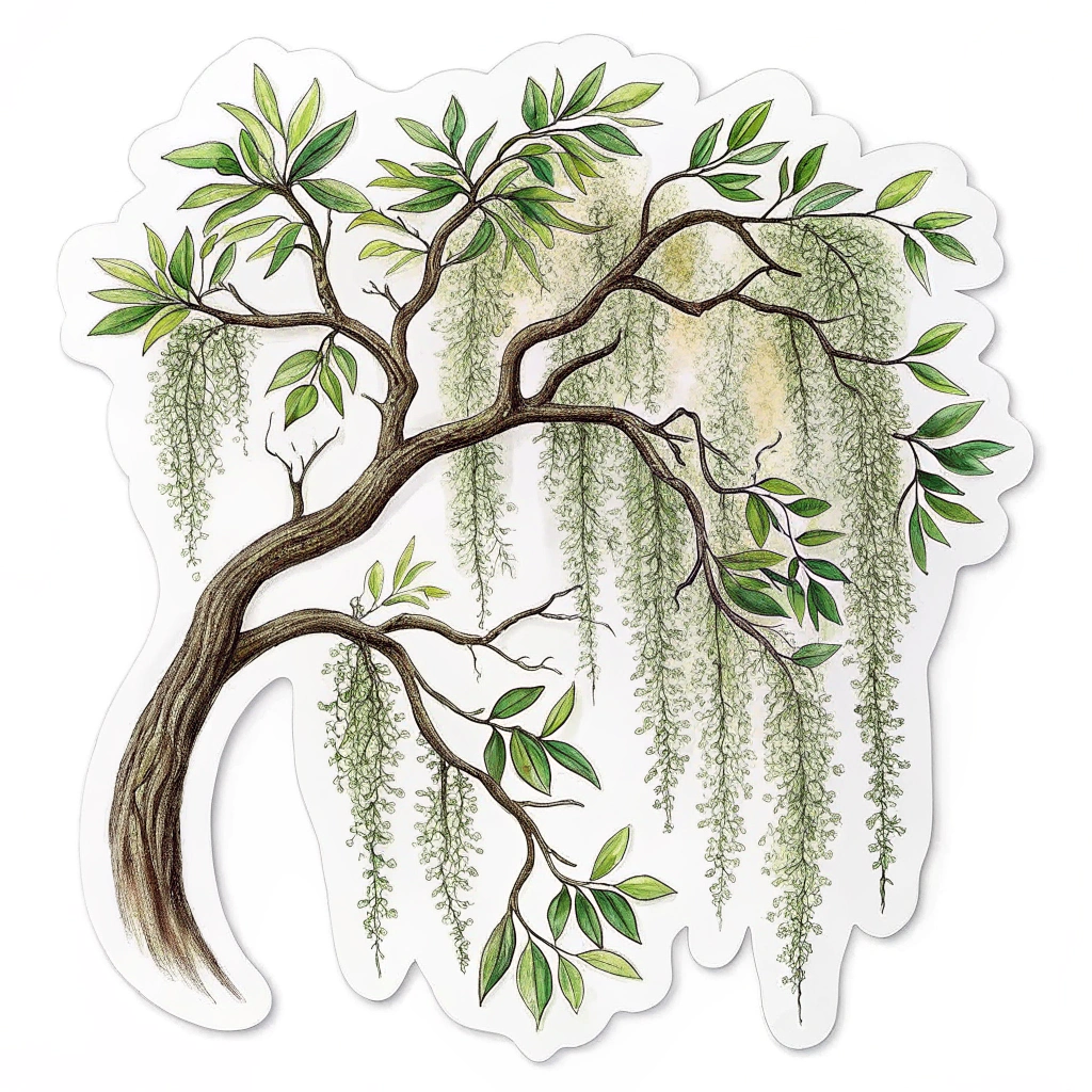 A sticker depicting a hand drawing or painting Spanish Moss.