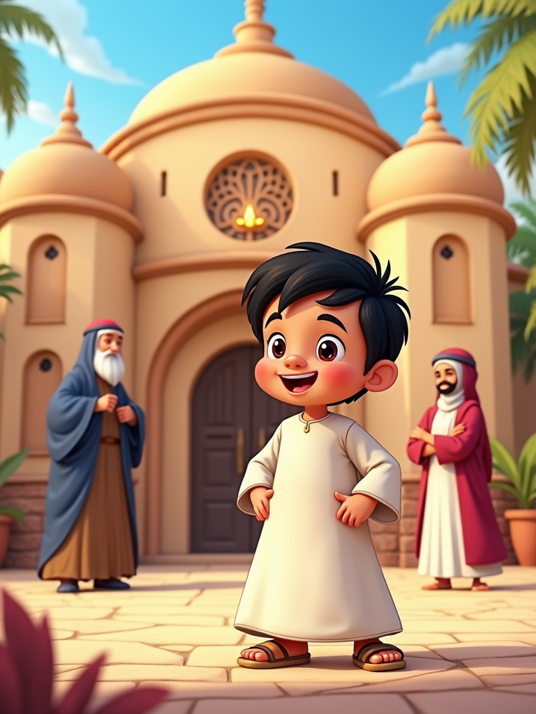 A fun, educational cartoon where a Qatari kid learns about the history and significance of Ramadan, interacting with historical figures and exploring important Islamic sites in Qatar.