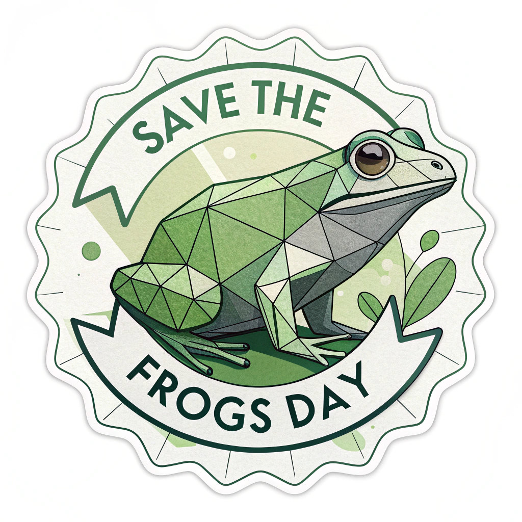 A frog's head icon made of geometric shapes (circles for eyes, triangles for the head shape) with 'Save The Frogs Day' text integrated.