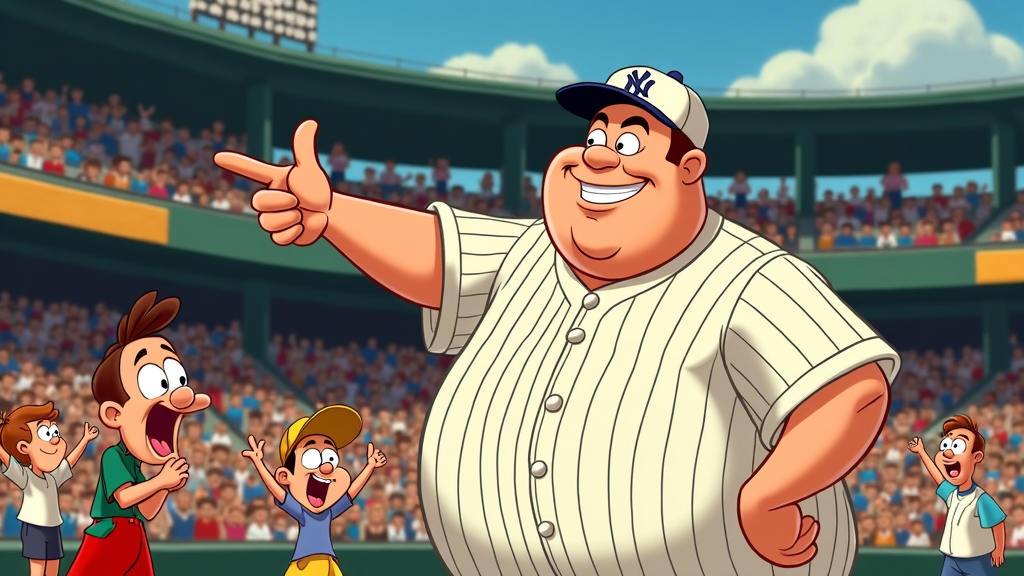 A cartoon-style retelling of Babe Ruth's famous 'called shot' moment, focusing on his gentle giant demeanor. He could be pointing with an affable, confident grin, with other characters reacting with comical awe rather than intimidation.