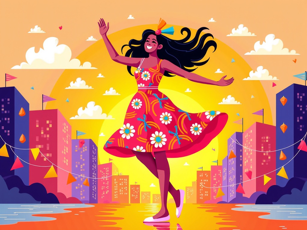 The image is an illustration of a young woman dancing in a city. She is wearing a colorful dress with a floral pattern and has long black hair that is flowing in the wind. The woman is standing on one leg with her arms stretched out to the sides and a big smile on her face. She appears to be in mid-air, with her legs slightly bent at the knees and her arms raised above her head. The background of the image is a cityscape with tall buildings and colorful flags hanging from strings. The sky is orange with white clouds and the sun is shining brightly in the top right corner. The overall style of the illustration is cartoon-like and playful.