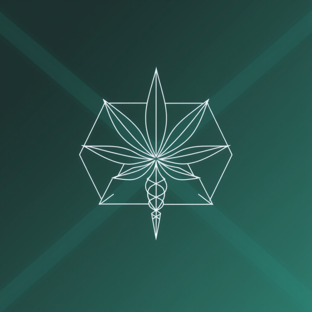 Abstract geometric fusion: A modern symbol created from interconnected geometric shapes (triangles, lines) that subtly hint at both cannabis leaf and caduceus forms without literal representation.