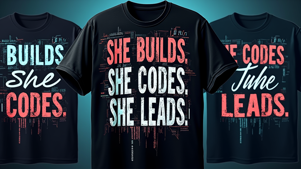 Typography-Focused Empowerment: Make the tagline 'She Builds. She Codes. She Leads.' the central visual. Use distinct and impactful typography for each verb phrase (e.g., strong sans-serif for 'Builds,' monospaced for 'Codes,' elegant script or bold sans-serif for 'Leads'), possibly with subtle tech-themed background textures.
