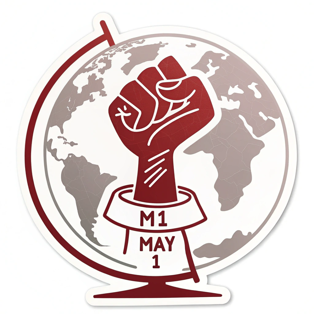 Simple Icon Idea: A minimalist, vector-style globe outline with a single, bold raised fist silhouette positioned dynamically within or slightly overlapping it. The text 'May 1' or 'M1' integrated concisely, perhaps at the base or subtly within the globe's lines.