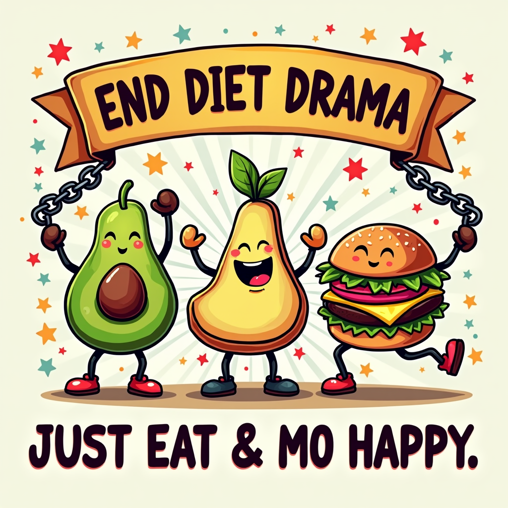 Design 1: Food Freedom Fiesta. Illustrate joyful, cartoonish food items (like a dancing avocado, a happy piece of cake, a relaxed burger) having a party, breaking free from chains labeled 'Diet Rules' or 'Calorie Counting'. The text 'End Diet Drama' can be a banner above them, and 'Just Eat & Be Happy' integrated below or as part of their celebration.