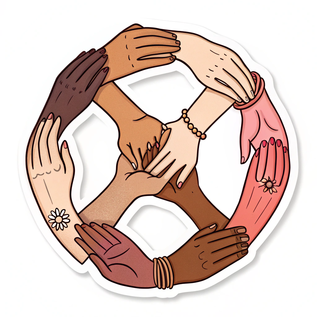 A series of interconnected hands of different colors forming a protective circle, representing solidarity and support against gender-based violence.