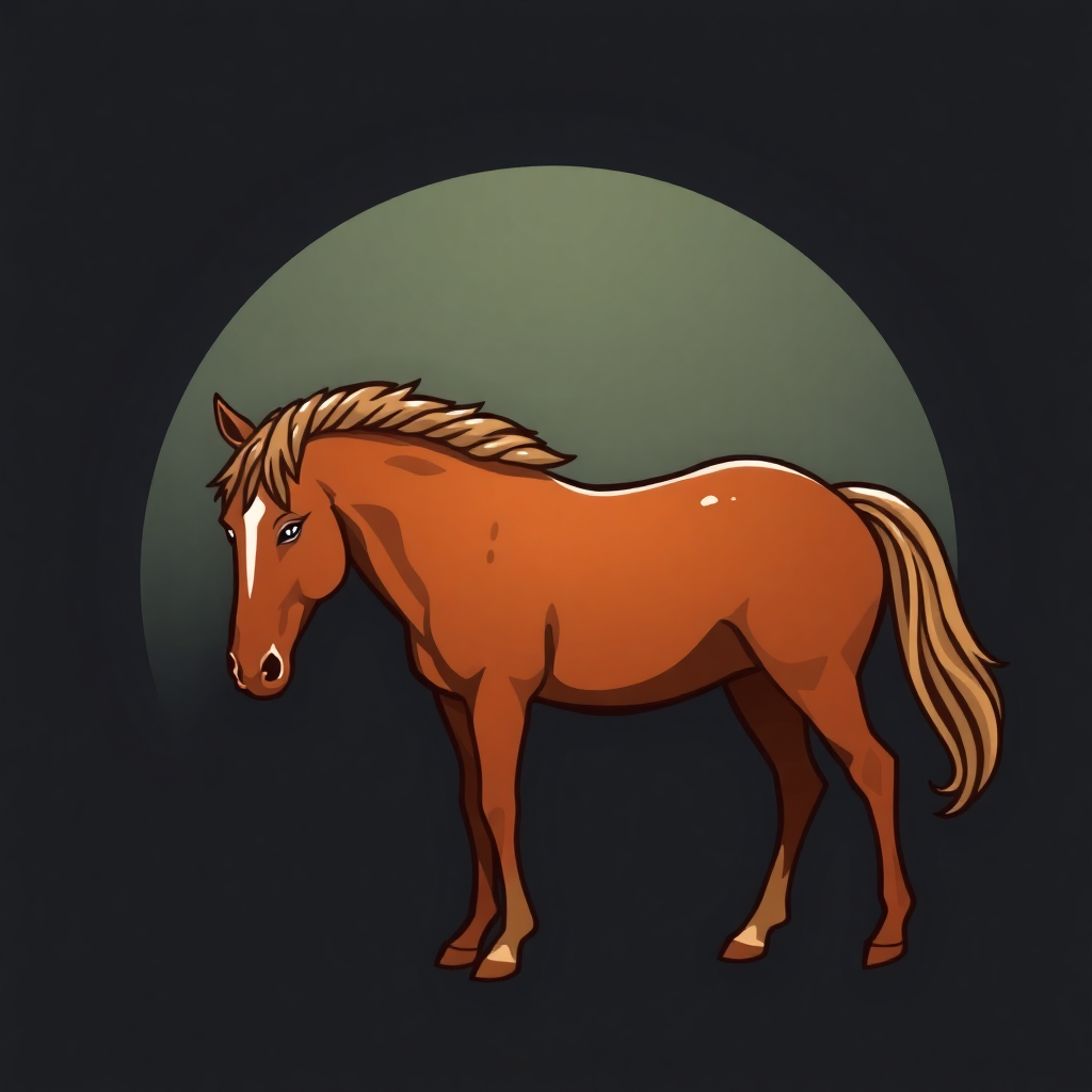 The image is a digital illustration of a brown horse standing in front of a green circle. The horse has a long mane and tail that is flowing in the wind. Its body is facing towards the left side of the image and its head is turned slightly to the right. The background is black, making the horse stand out. The overall color scheme of the illustration is warm and earthy.