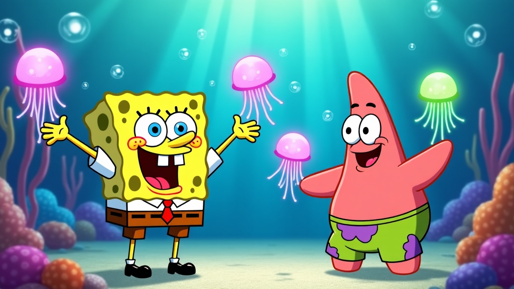 SpongeBob holding multiple jellyfish while Patrick counts them, eagerly preparing for a jellyfish-wishing session.