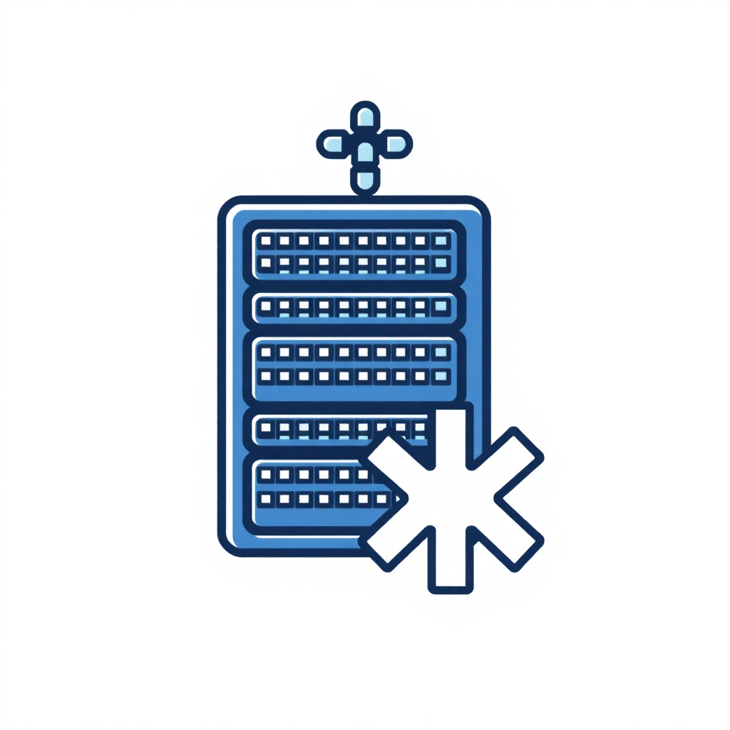 The image is a blue line drawing of a server rack with multiple rows of servers. The server rack is rectangular in shape and has a cross on top. Below the server rack, there is an asterisk, which is a symbol of medical care. The image is simple and minimalistic, with no other elements or design elements.