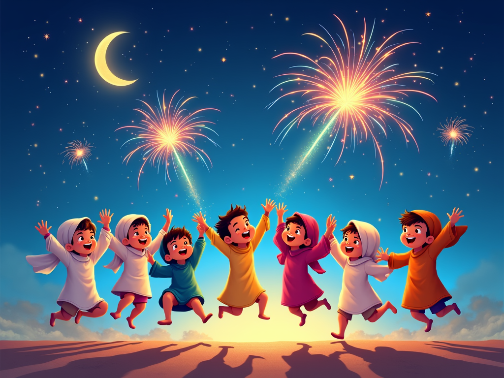 A group of Qatari children dressed in traditional clothing joyfully playing with fireworks against the backdrop of a starry night sky with crescent moon, symbolizing the Eid celebration.