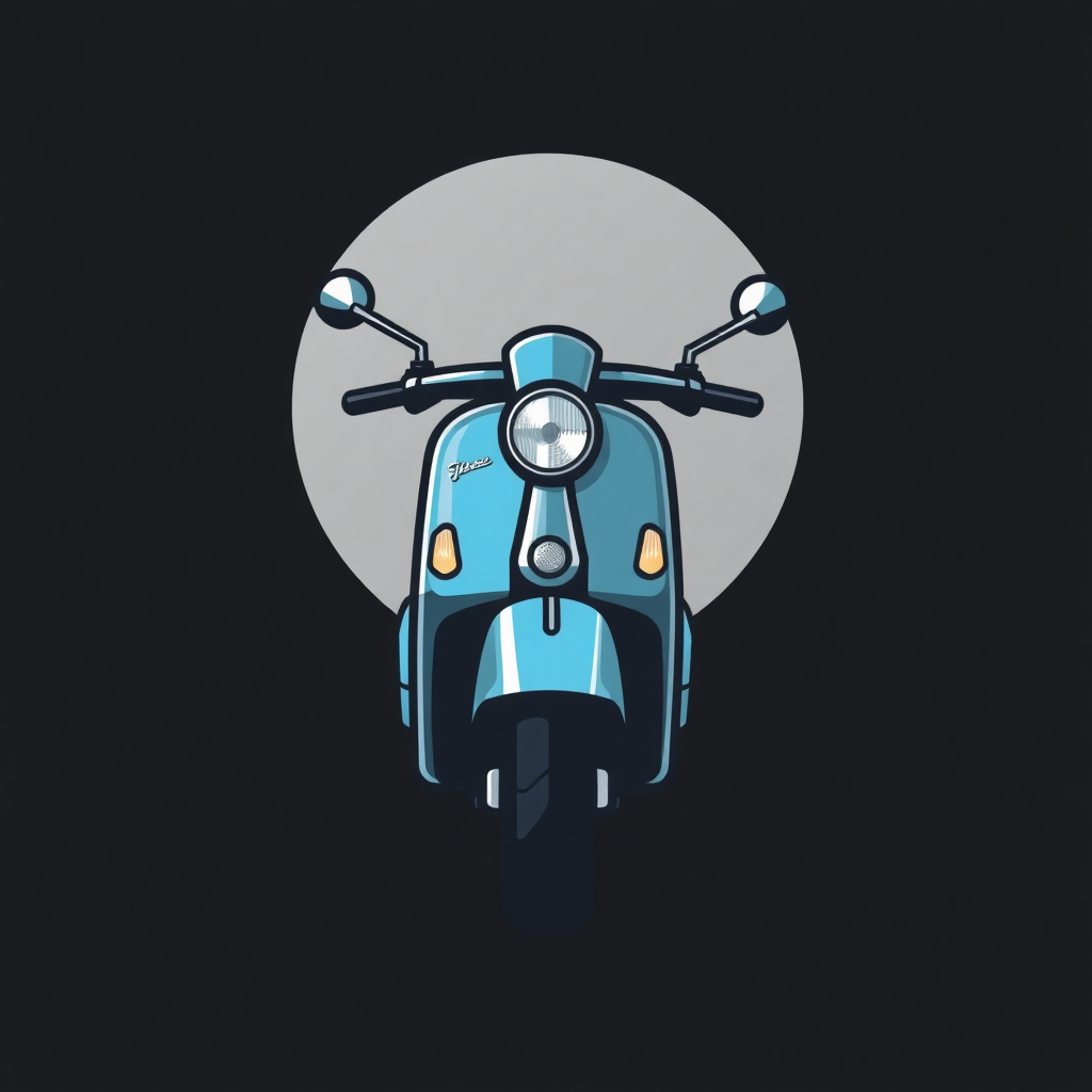 The image is a digital illustration of a blue scooter. The scooter is in the center of the image, with a black background and a white circle in the background. The front of the scooter has a round headlight and two side mirrors on either side. The handlebars are curved and the seat is upholstered in a light blue fabric. The wheels are black and appear to be made of rubber. The overall design is simple and minimalistic.