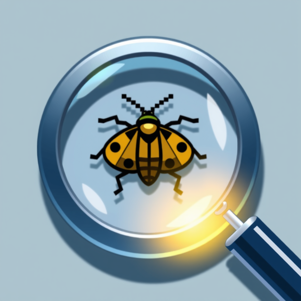 Magnifying glass focusing on a stylized, slightly pixelated bug, with subtle glowing highlights around the bug to emphasize detection.