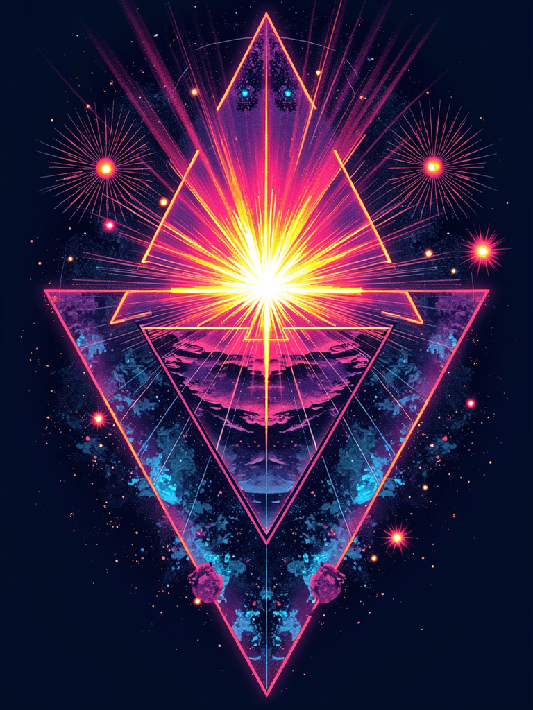 An abstract design featuring layered geometric shapes representing sound frequencies and cosmic planes. A central, impactful 'bass drop' event is visualized as an exploding supernova, with particles forming subtle daisy silhouettes and starbursts, all in EDC's signature neon color palette.