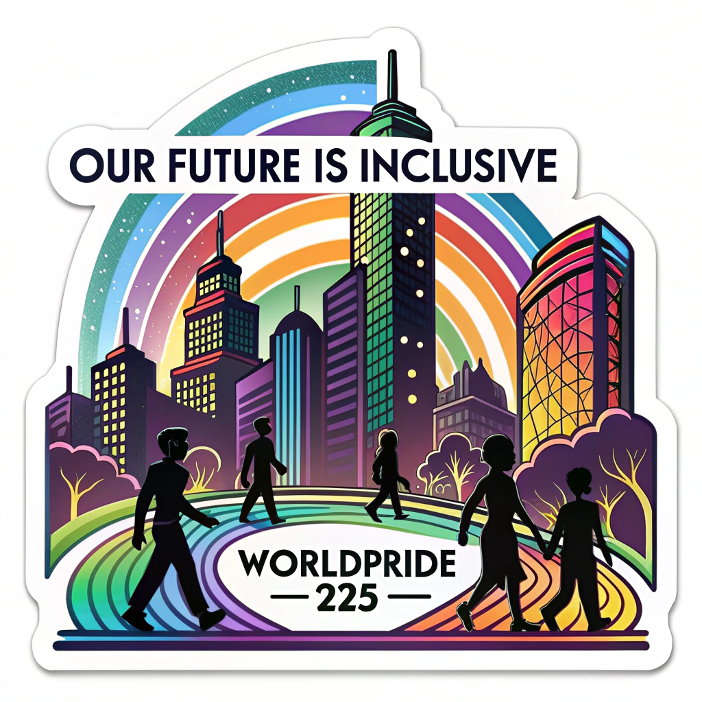 Sticker featuring a stylized, futuristic city skyline with integrated rainbow elements (e.g., rainbow-lit buildings, sky, or pathways). Silhouettes of diverse people walk towards this bright future. Text: 'Our Future is Inclusive' arched over the skyline, with 'WorldPride '25' prominently displayed below.