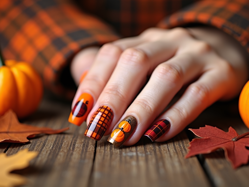 Festive nails featuring a creative mix of plaid and pumpkin patterns, capturing the essence of Thanksgiving fashion.