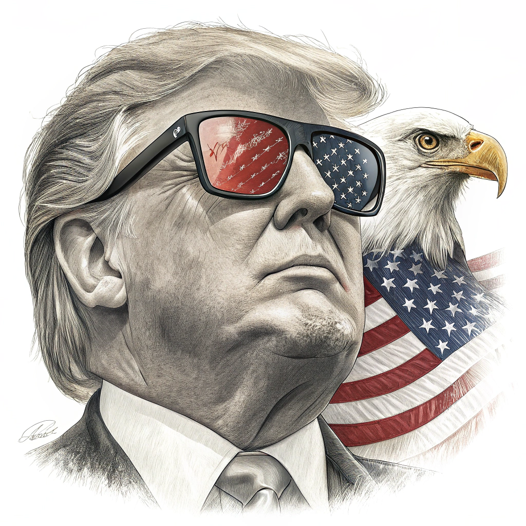 A close-up of Trump’s face with the American flag reflected in his sunglasses, and a bald eagle emblem incorporated.