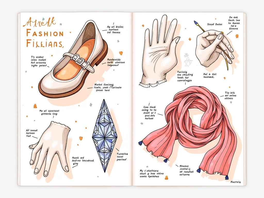 The NYFW Accessory Detail Sketchbook: A series of illustrations presented as pages from an artist's sketchbook, each featuring multiple intricate close-ups of different accessory elements – a shoe buckle, glove stitching, gemstone glint, scarf weave – possibly with descriptive annotations.