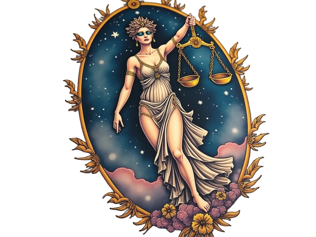 A Lady Justice tattoo that intricately incorporates astrological symbols surrounding the scales, merging justice with cosmic laws.