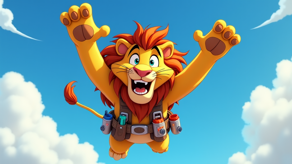 A lion wearing a utility belt with various gadgets and tools, flying through the air with a determined look.