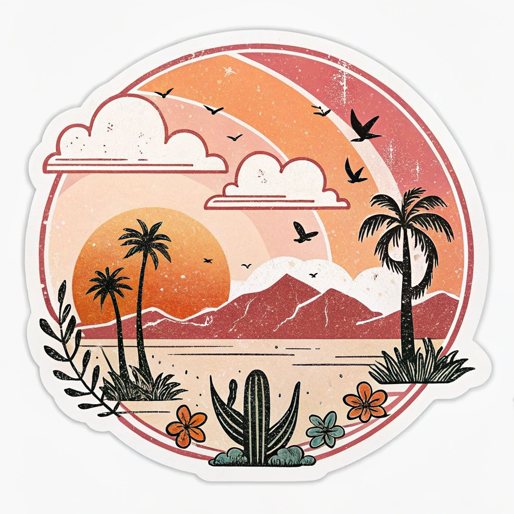 The image is a circular sticker with an illustration of a tropical landscape. The background is a gradient of orange and pink, with a sunset in the center. The sky is filled with white clouds and there are a few birds flying in the sky. In the foreground, there are two palm trees, a cactus plant, and a few flowers. The palm trees are tall and slender, and the cactus is a dark green color. The flowers are in various shades of pink, orange, and yellow. The overall style of the illustration is vintage and whimsical.