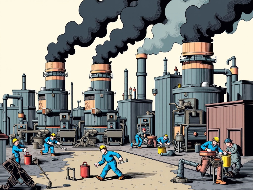 The image is an illustration of a large industrial plant with multiple tall chimneys emitting black smoke. The chimneys are tall and cylindrical, and the smoke is billowing out of them. In front of the chimneys, there are several workers wearing blue uniforms and hard hats, working on various machines and equipment. The workers are scattered around the plant, some of them are holding tools and equipment, while others are working on pipes and other machinery. The background is a light blue sky with a few clouds. The overall mood of the image is one of chaos and destruction.