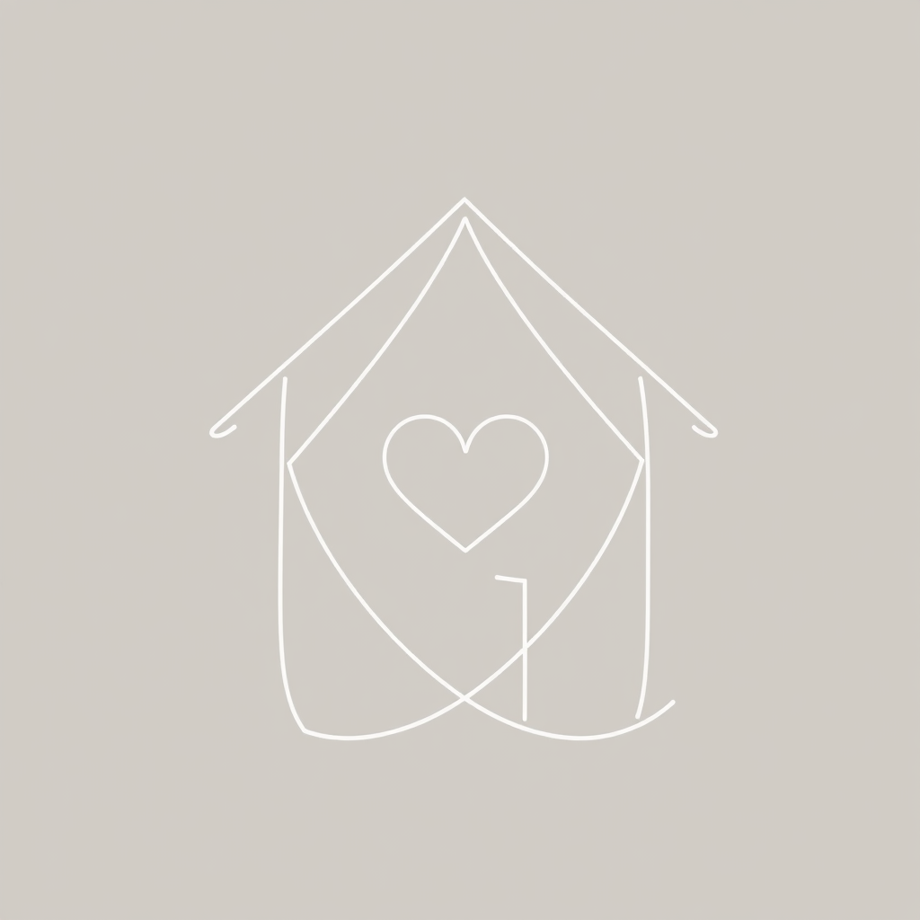 A house icon constructed from intertwined lines or ribbon-like strands, creating a sense of connection and embrace. One of the 'windows' or the 'doorway' could be distinctly heart-shaped to signify an open and loving home.
