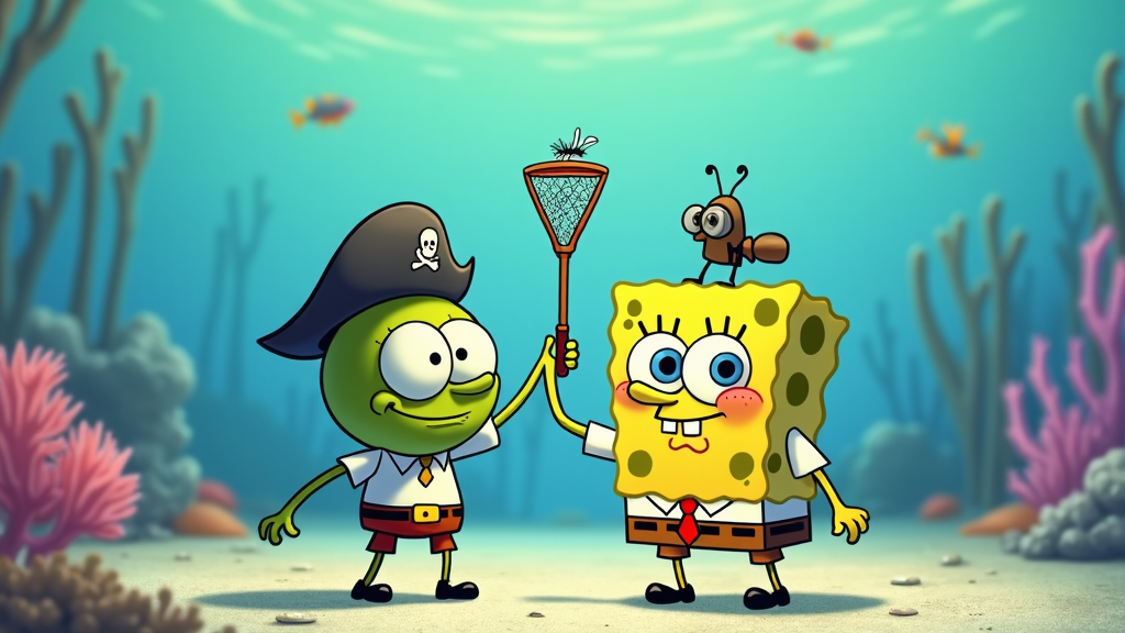 Plankton attempting to hook SpongeBob with a tiny bug net from a perch on SpongeBob's head, hilariously failing.