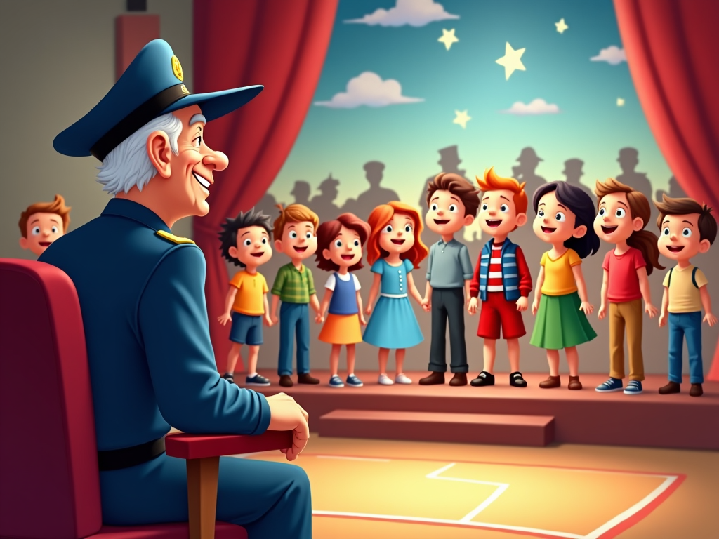 A lively cartoon illustrating kids in a community center gym presenting a skit honoring veterans. A veteran sits in the front row with delighted awe as children, in costumes, reenact famous historical moments. The stage background is decorated with stars and silhouettes of soldiers.