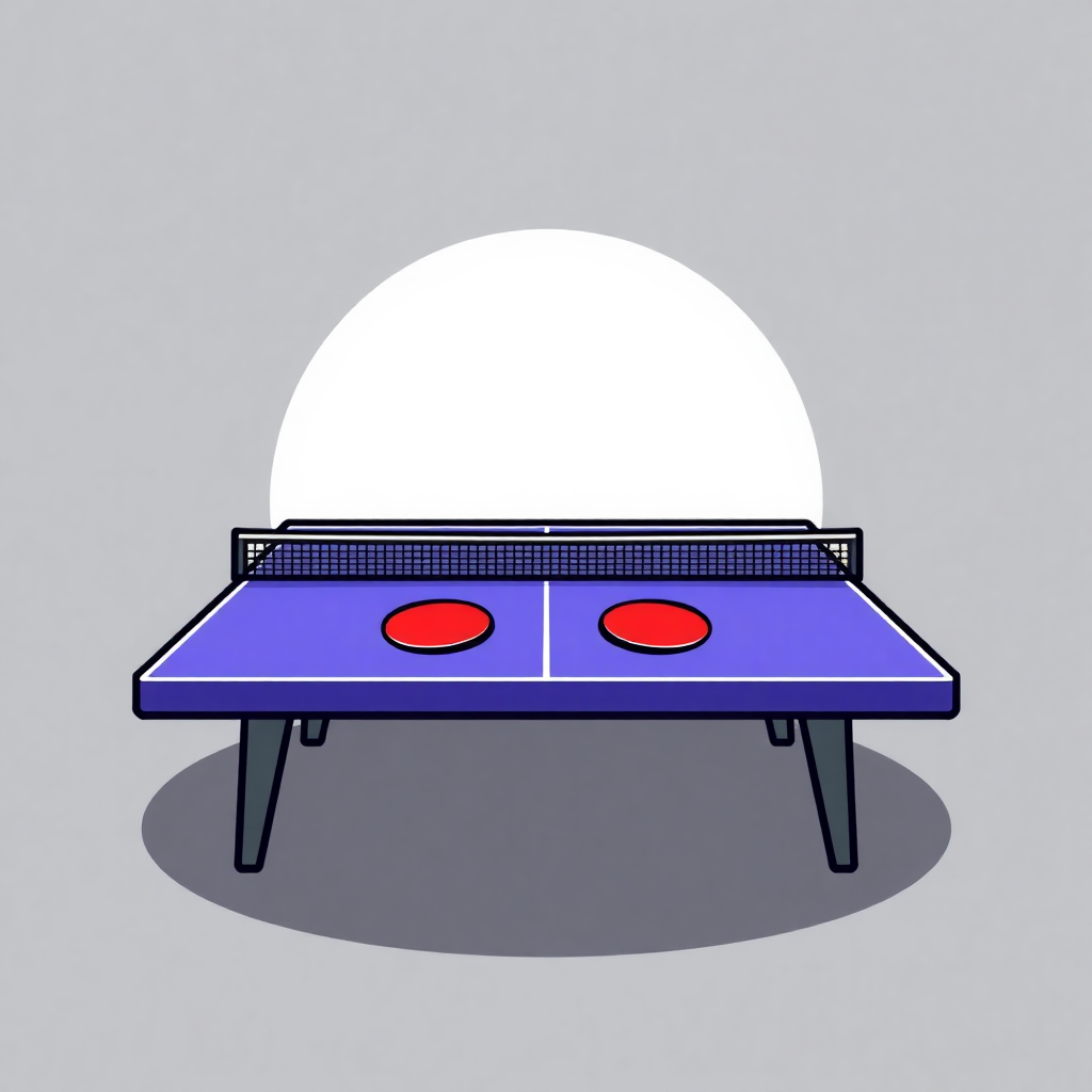 The image is an illustration of a ping pong table. The table is blue in color and has a net on top. There are two red circles on the table, which are likely for the players to hit the ball. The background is white, and there is a large white circle in the center of the image. The image is in a flat, cartoon-like style.