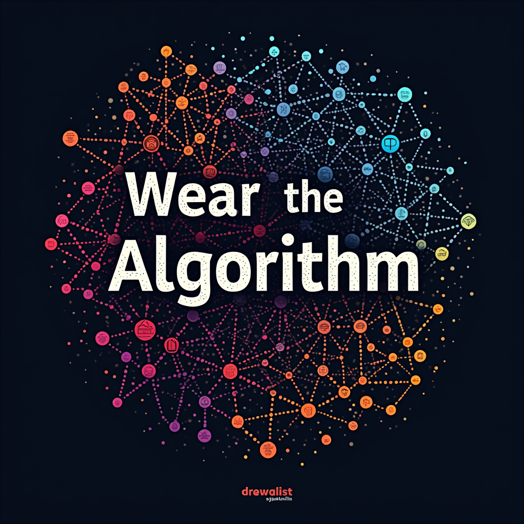 Abstract Neural Network as Fabric: Design features a stylized, intricate neural network diagram where nodes and connections are rendered to look like interwoven threads or a complex fabric pattern. The slogan 'Wear the Algorithm' could be subtly integrated.