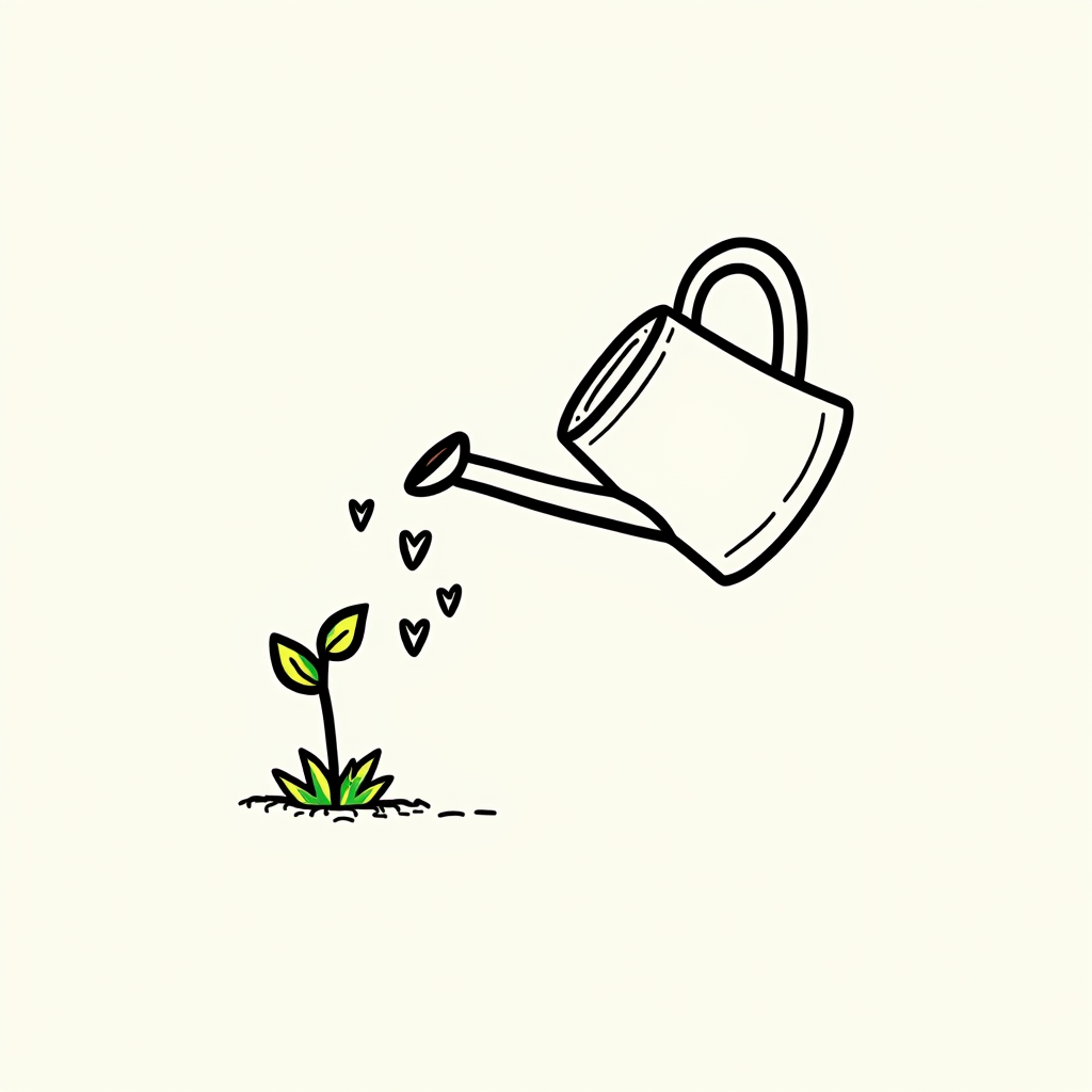 A simple line drawing depicting a watering can tilting over a small sprout, with the water drops shaped like tiny hearts, emphasizing nurturing kindness.