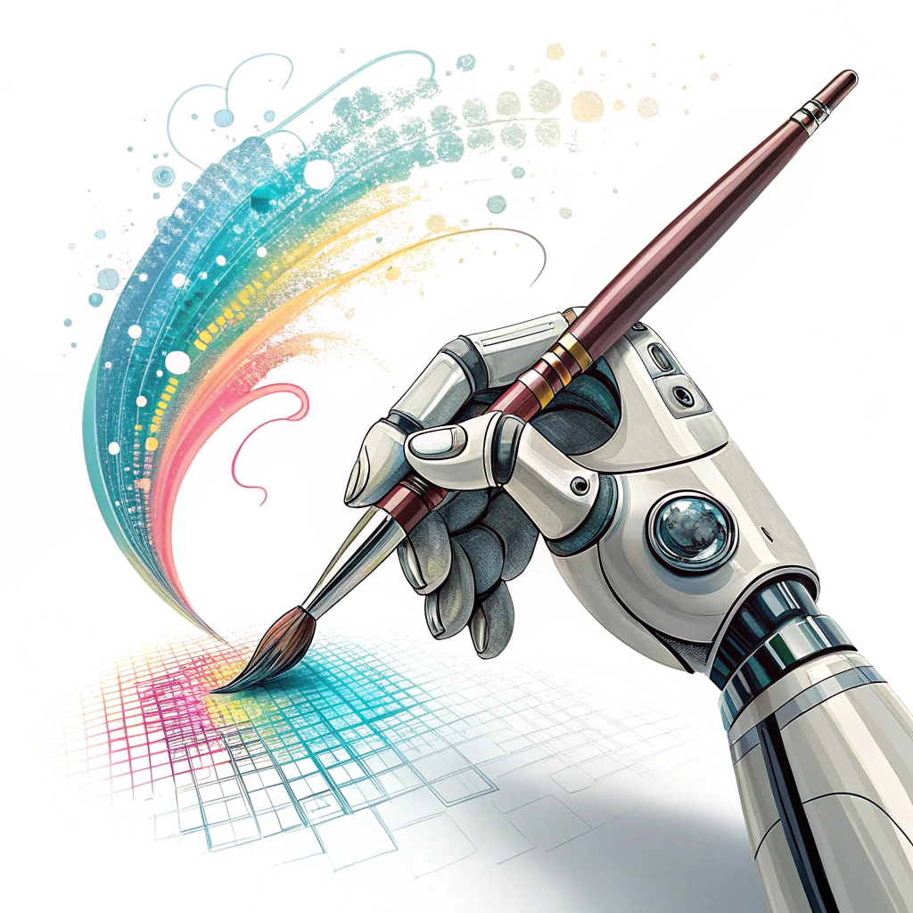 Sticker Design 3: 'Cyborg Artisan's Touch' - A sleek robotic hand, suggesting forged metal, holding a classic artist's tool (like a pen or brush) that trails streams of digital light or pixelated colors, representing AI tools shaping new forms of art.