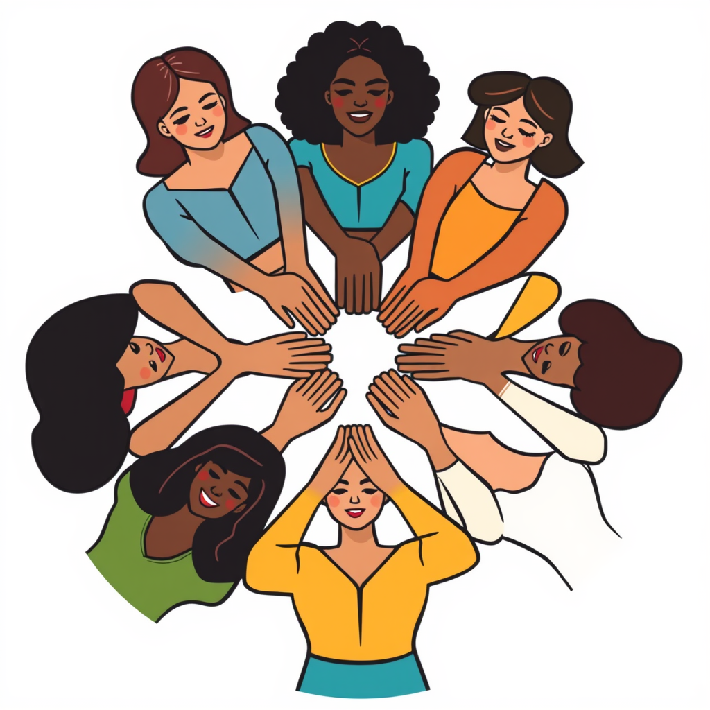 A group of diverse women holding hands in a circle.