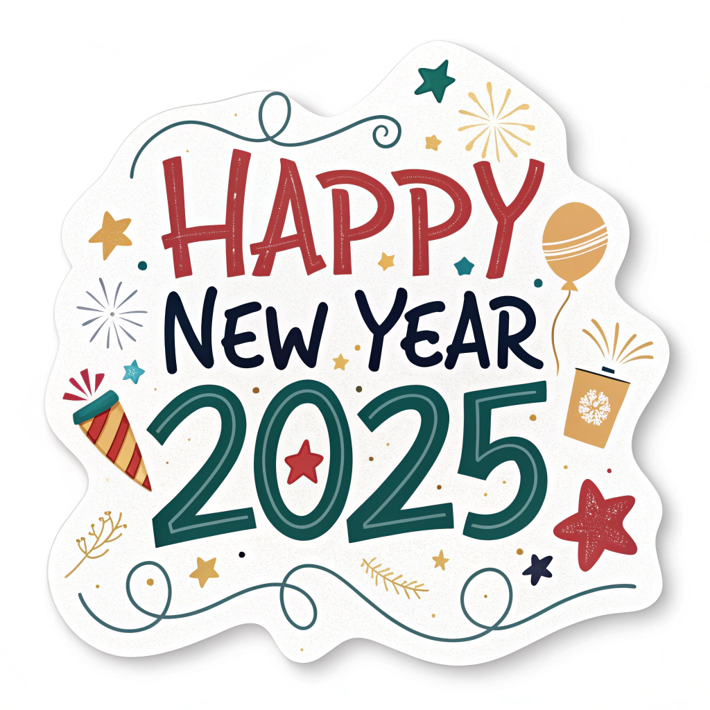 The image shows a poster with the words Happy New Year 2025 written in bold, colorful letters, surrounded by festive decorations such as stars, balloons, and confetti, creating a cheerful atmosphere to celebrate the start of a new year.