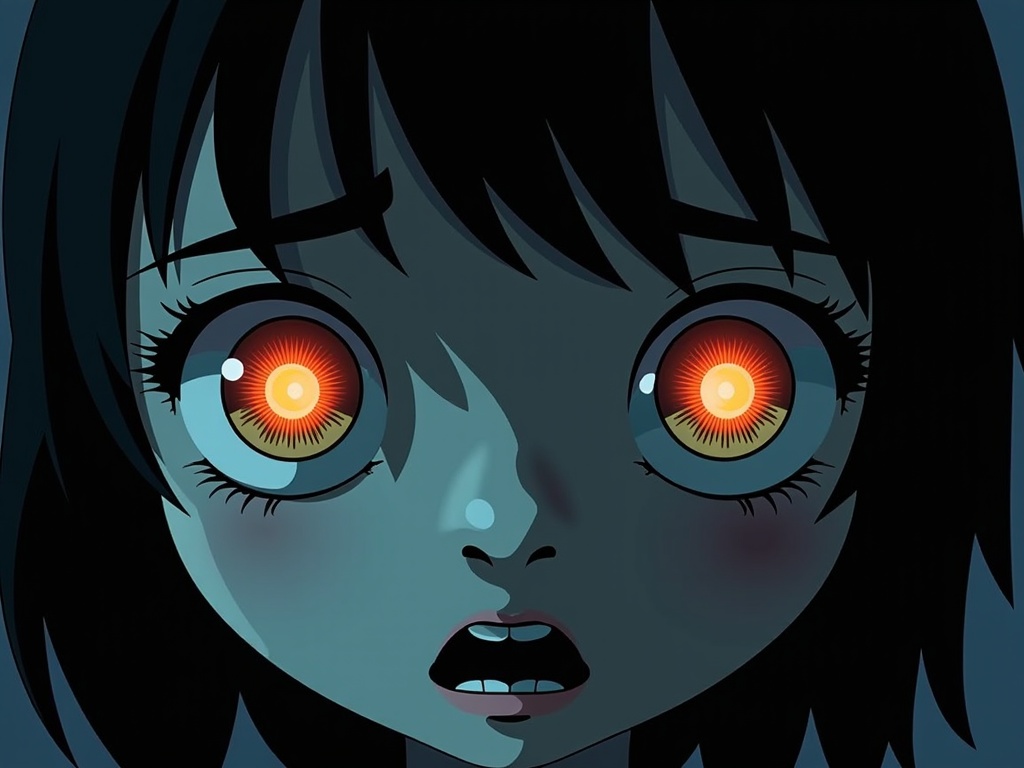 Reflected Terror: A tight close-up on the AI character's hyper-realistic face, with their wide, terrified eyes reflecting a distorted, barely visible image of the pursuing threat or a crucial, disturbing element from the thriller's plot, drawing the viewer into their fear.
