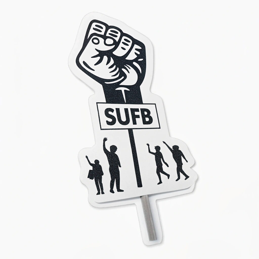 Simple Icon Idea: A minimalist icon featuring a small silhouette of a protest sign on a stick. The sign face could display a simplified raised fist or the initials 'SUFB' (Stand Up, Fight Back).