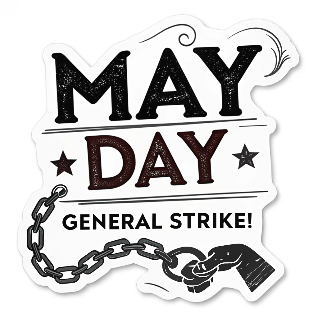 Simple Logo Idea: The words 'MAY DAY' in a bold stencil font, with 'GENERAL STRIKE!' in a slightly smaller but equally impactful sans-serif font directly beneath, possibly underlined by a thick, rough stroke or a simplified broken chain motif.
