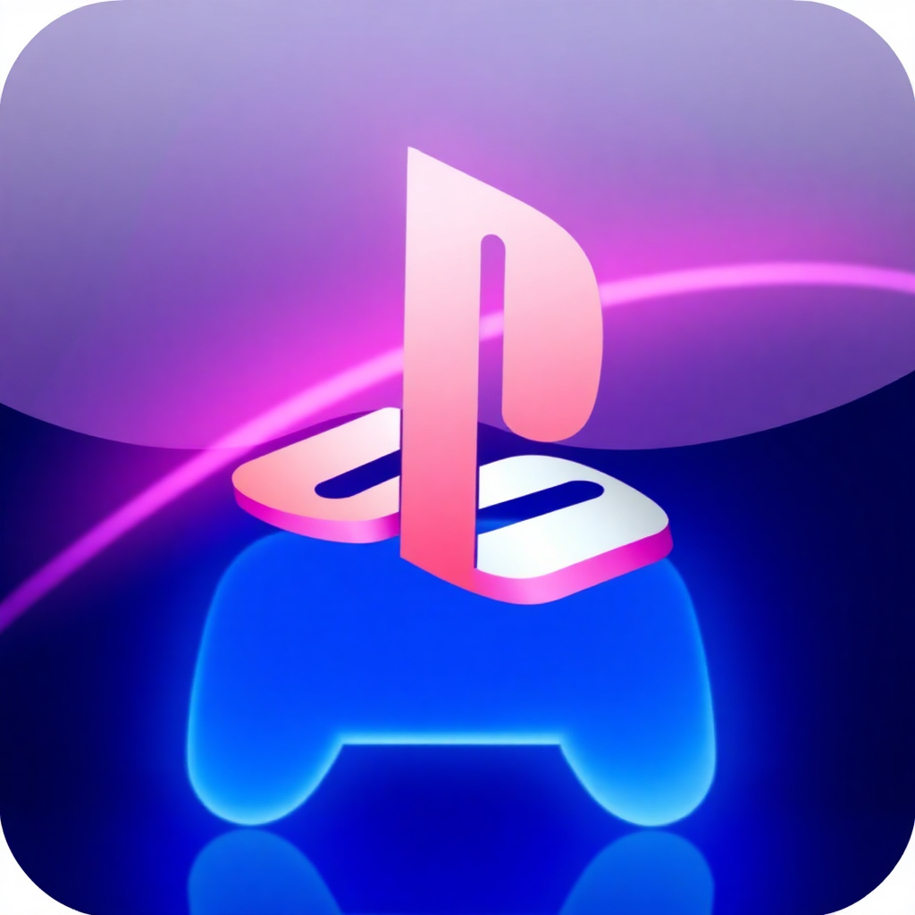 The image is a square-shaped icon with a blue and purple gradient background. In the center of the icon, there is a pink letter P in the shape of a play button. The letter is slightly tilted to the right, giving it a 3D effect. The background is a gradient of purple and blue, with a pink and blue wave-like pattern on the left side. The overall color scheme is vibrant and eye-catching. The image appears to be a logo or icon for a video game or video game console.