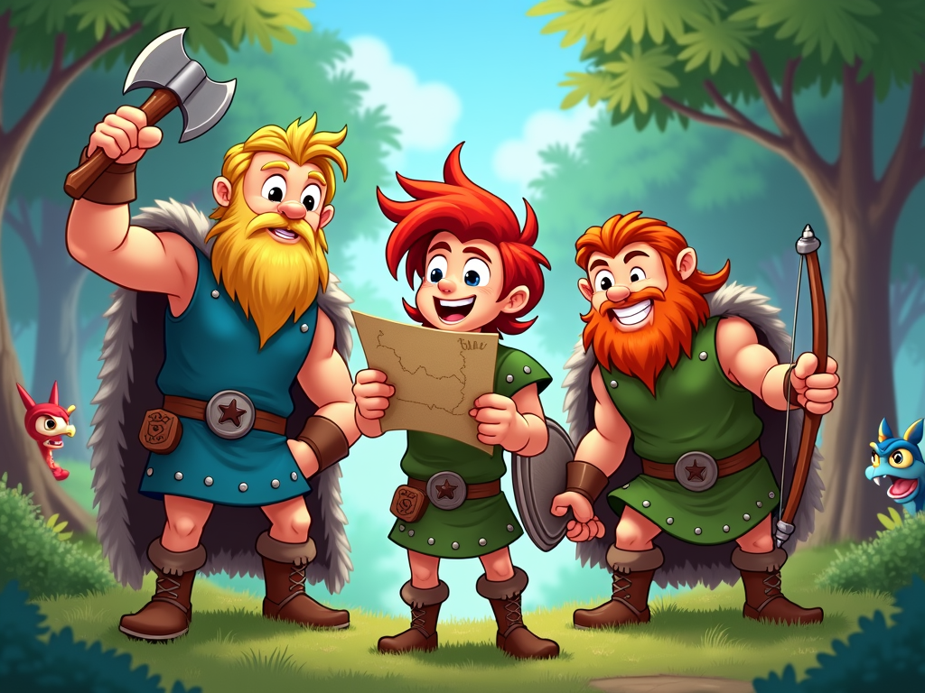 A group of young Vikings, each with distinct personalities and skills, embarking on various quests and challenges in a vibrant, fantastical world.